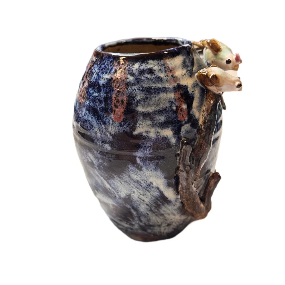 Handmade Vase Antique Reproduction Birds Berries Blue Brown Glazed Ceramic Decor